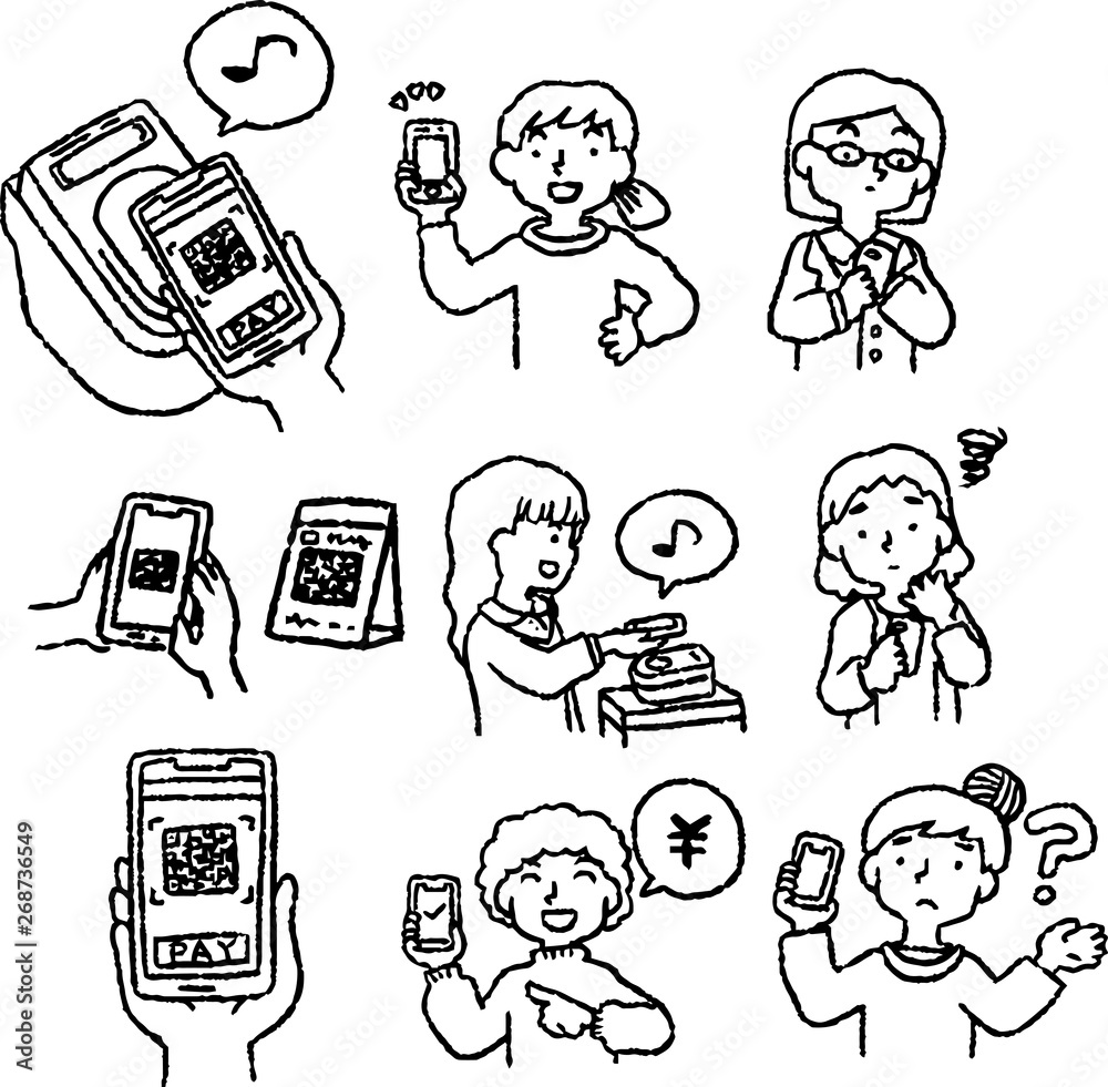 Monochrome Analog-style illustration of woman using smartphone payment set