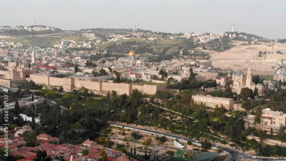 The old City of Jerusalem Aerial View Beautiful Aerial Shot the old city walls and the golden Dome of the rock The old City of Jerusalem Aerial View Beautiful Aerial Shot the old city walls and the golden Dome of the rock
