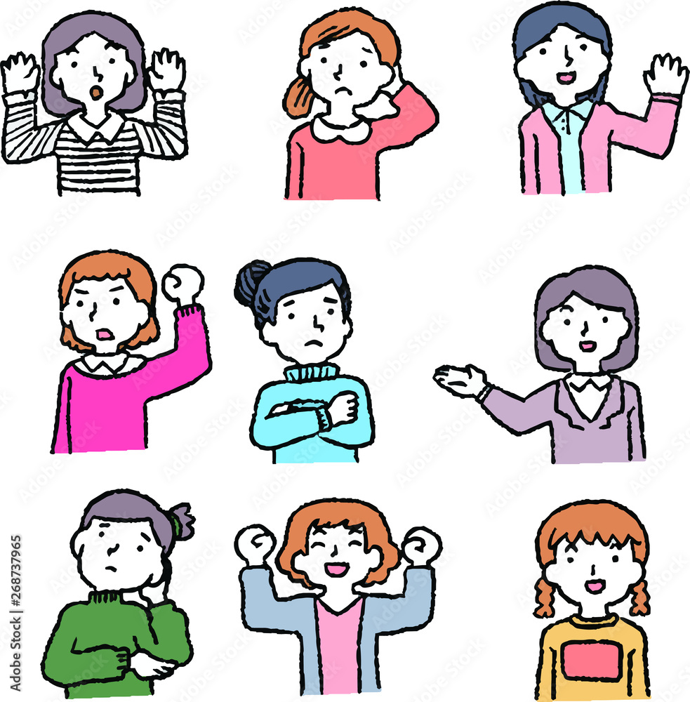 Analog-style illustrations of women emotional expression set Analog-style illustrations of women emotional expression set