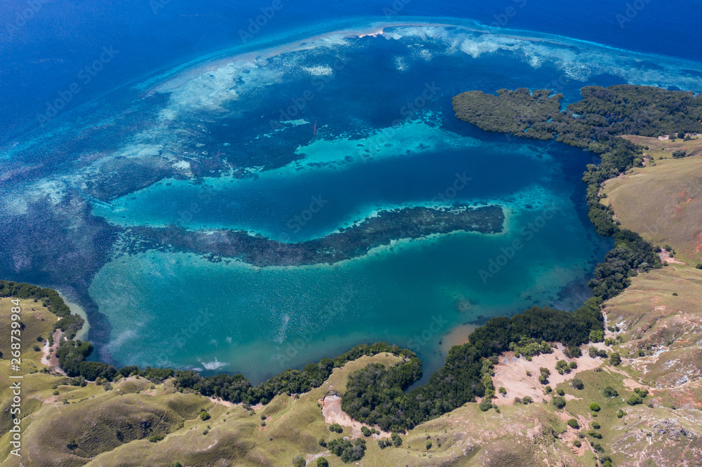 Fototapeta premium Seen from a bird's eye view, a rugged island is surrounded by a mangrove and reef in Komodo National Park, Indonesia. This tropical area is known for its marine biodiversity as well as its dragons.