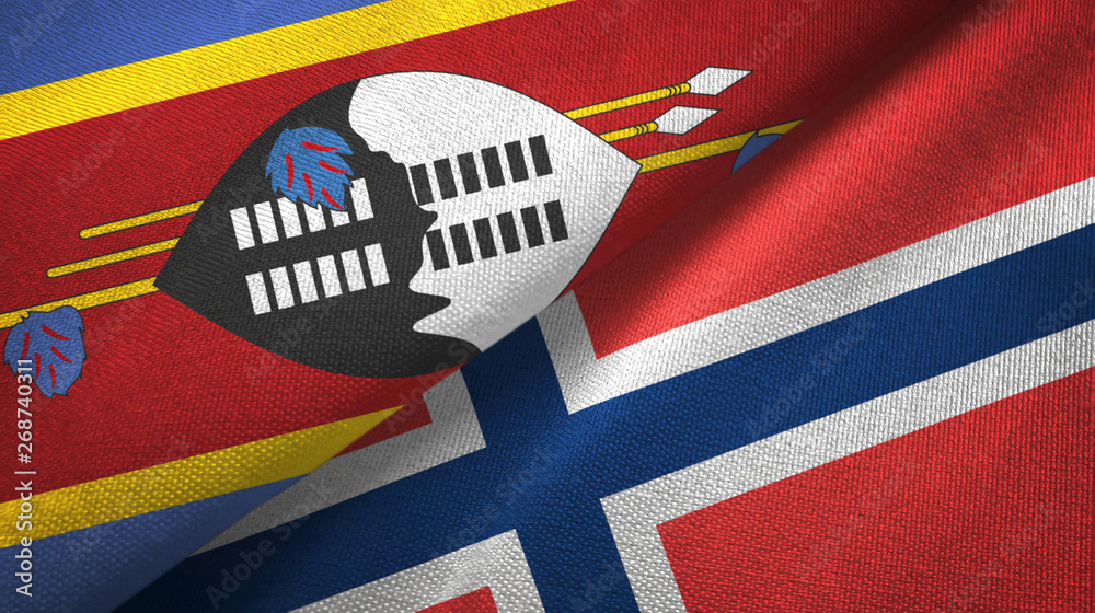 Fototapeta premium Eswatini Swaziland and Norway two flags textile cloth, fabric texture