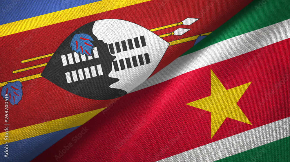 Fototapeta premium Eswatini Swaziland and Suriname two flags textile cloth, fabric texture