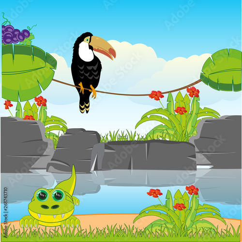 Animals and riverside bird in tropical jungle