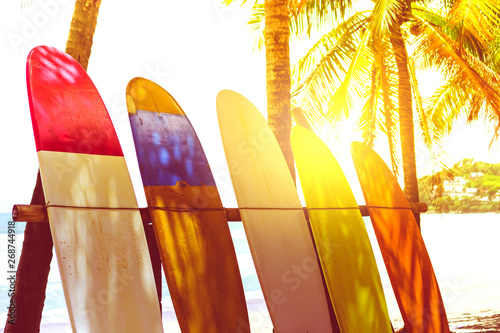 Canvas Print Many surfboards beside coconut trees at summer beach with sun light and blue sky background