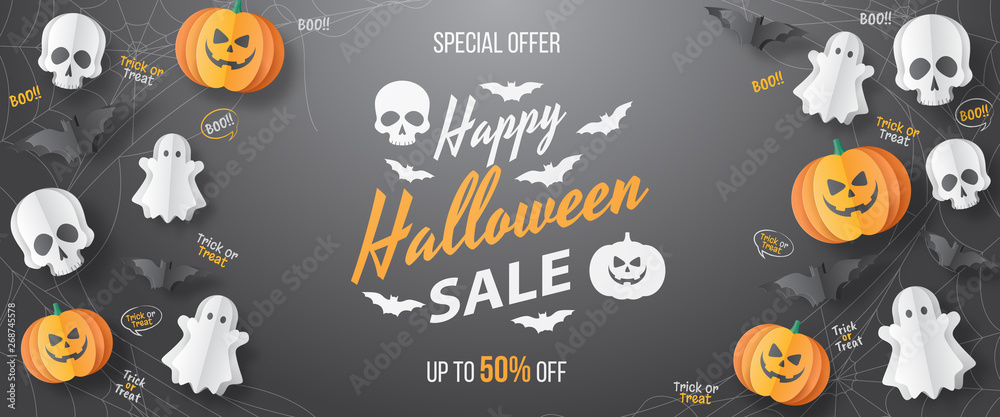 Happy Halloween sale vector banner. Paper cut style. Vector illusration