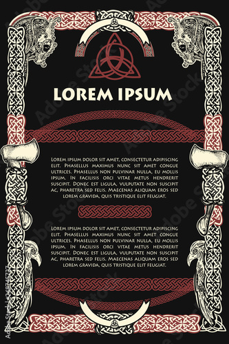 Celtic vertical frame template design. Northern mythology art. Ornament with text block