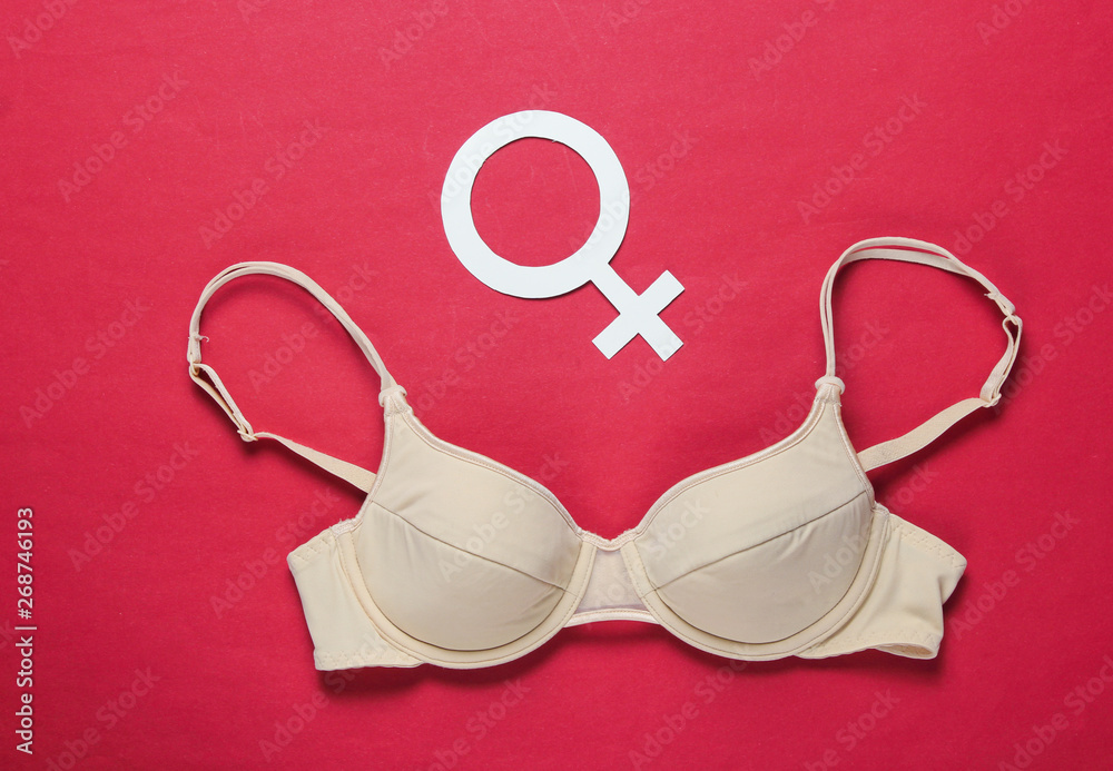 Feminism concept. Female bra, gender symbol on red background. Top view, minimalism Feminism concept. Female bra, gender symbol on red background. Top view, minimalism