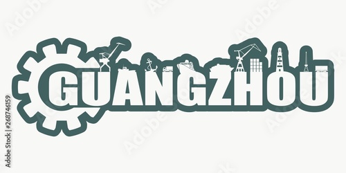Gear with sea shipping and travel relative silhouettes.. Calligraphy inscription. Guangzhou city name text