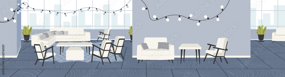 Fototapeta premium creative office empty no people open space with furniture and christmas decoration lights co-working center interior flat horizontal banner
