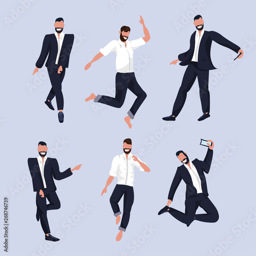 set business men taking selfie photo on smartphone camera businessmen in formal wear collection male cartoon characters posing in suit flat full length vector illustration