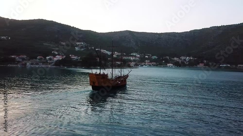 Old pirate ship sailing near Dubrovnik, Croatia - (Aerial Shot)