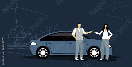 man giving keys to woman car sharing transportation service concept modern city street cityscape background sketch horizontal