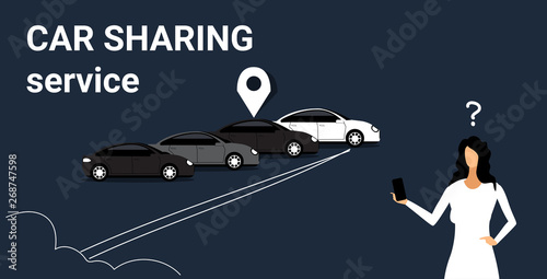 frustrated woman searching car with location geo tag on parking using mobile application carsharing concept
