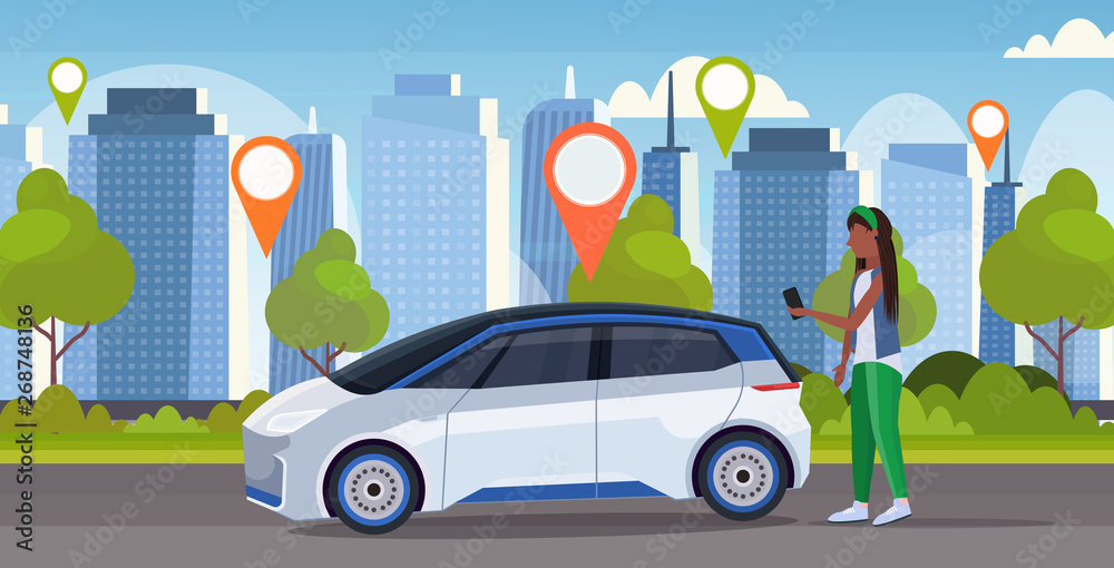 Naklejka premium african woman using mobile app ordering automobile vehicle with location mark rent car sharing concept transportation carsharing service modern cityscape background horizontal