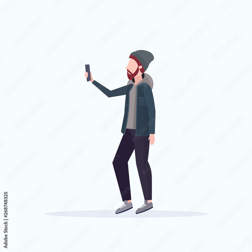 man taking selfie photo on smartphone camera casual male cartoon character  in hat posing on white background flat full length Stock Vector | Adobe  Stock