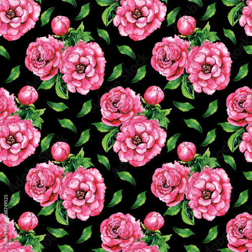 Flower pink peonies and green leaves watercolor illustration hand drawn on black background seamless pattern