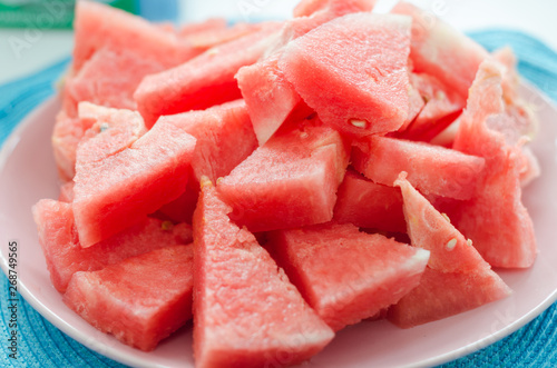 slices of ripe watermelon in a plate. Summer.
