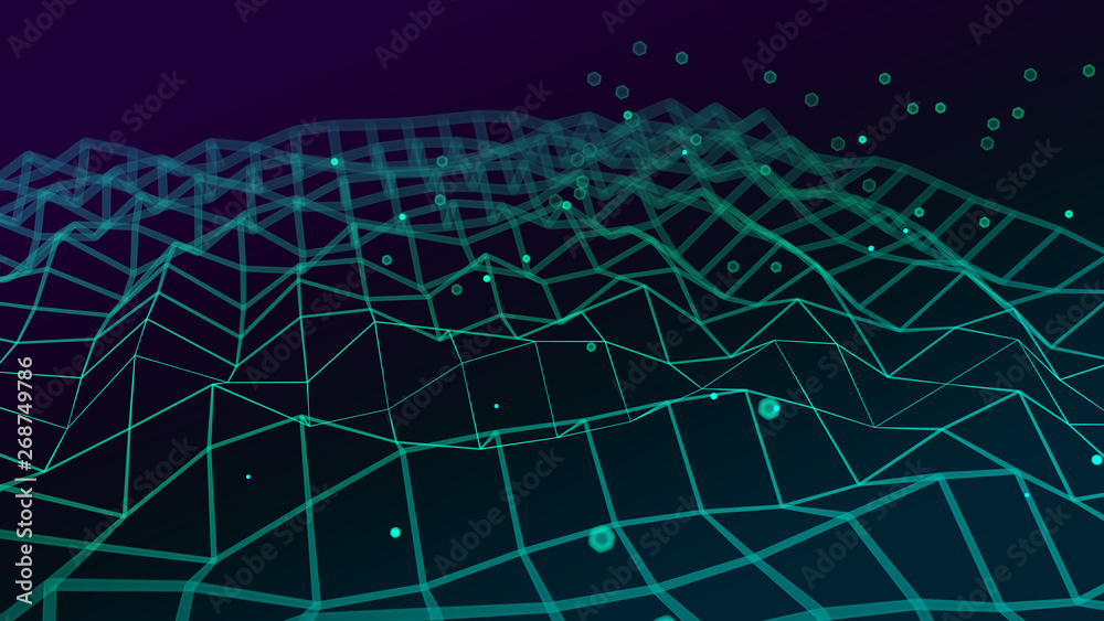 Abstract big data futuristic light wallpaper background design. Science  dark pattern with structure mesh and circles. Modern business space dots  illustration with bokeh. 3D render Stock Illustration | Adobe Stock