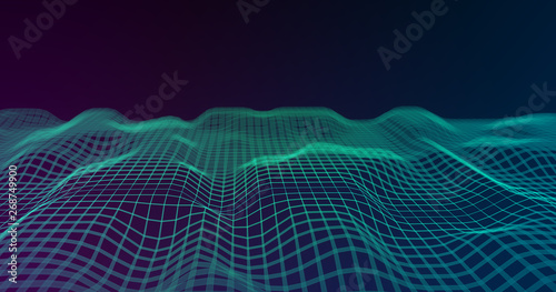 Abstract big data futuristic light wallpaper background design. Science dark pattern with structure mesh and circles. Modern business space dots illustration with bokeh. 3D render