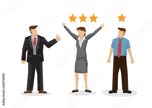 Boss praise his female employee for doing a good job. Business concept of kpi performance; competition among colleagues or business achievement.