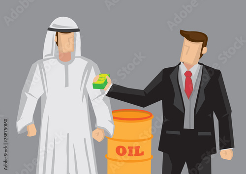 Businessman Giving Arab Man Money for Oil Conceptual Cartoon Vector Illustration