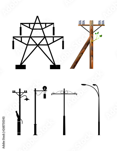 set of silhouettes of different telegraph poles