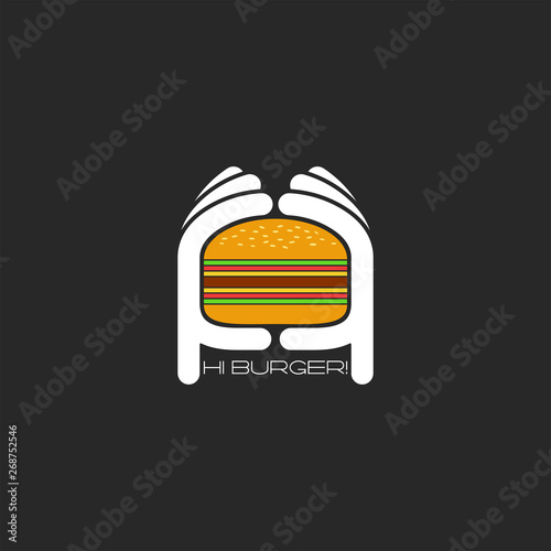 Two hands hold a hamburger logo, burger fastfood restaurant flat emblem