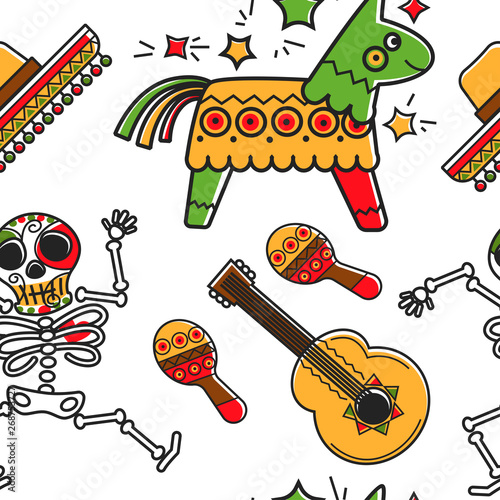 Skeleton and guitar maracas and sombrero pinta seamless pattern