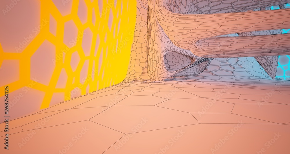 Abstract white Drawing Futuristic Sci-Fi interior With Orange And Blue Glowing Neon Tubes . 3D illustration and rendering. Abstract white Drawing Futuristic Sci-Fi interior With Orange And Blue Glowing Neon Tubes . 3D illustration and rendering.