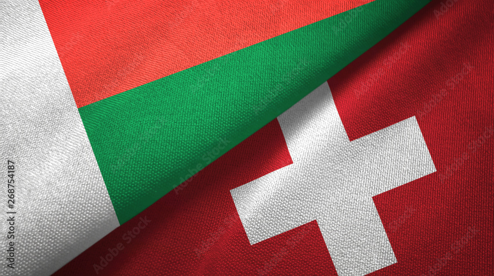 Madagascar and Switzerland two flags textile cloth, fabric texture Madagascar and Switzerland two flags textile cloth, fabric texture