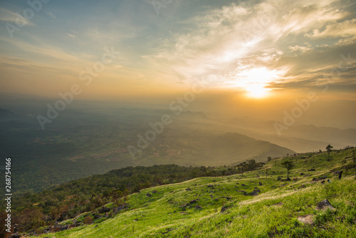 Landscape sunrise on the mountain with field and meadow green grass flower and beautiful cloud sky