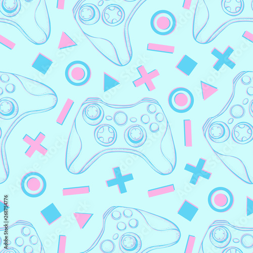 Gamepad joystick game controller seamless pattern. Devices for video games, esports, gamer on blue background.  Hand drawn vector in sketch style