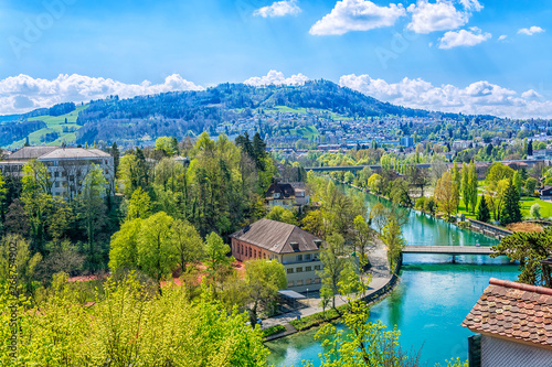 Alpine landscape overlooking the Aare River and houses in the mountains in the vicinity of the city of Bern, capital city of Switzerland
