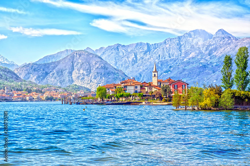 Isola Dei Pescatori Island on the beautiful Lake Lago Maggiore in the background of the Alps mountains, Stresa, Italy