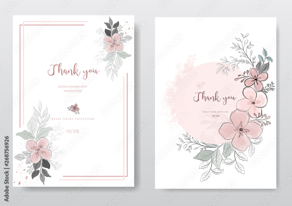 Set of beautiful pink flower with black line card