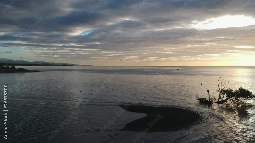 The day after the storms reveals a small island and sunken tree in the ocean, a calm day with a cloudy sunrise in the east The day after the storms reveals a small island and sunken tree in the ocean, a calm day with a cloudy sunrise in the east