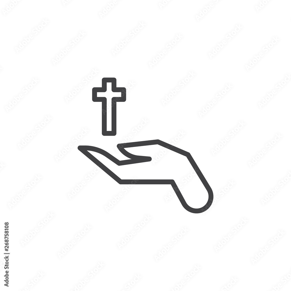 Hand with holy cross line icon. linear style sign for mobile concept and web design. Hands holding christian cross outline vector icon. Religion symbol, logo illustration. Vector graphics Hand with holy cross line icon. linear style sign for mobile concept and web design. Hands holding christian cross outline vector icon. Religion symbol, logo illustration. Vector graphics