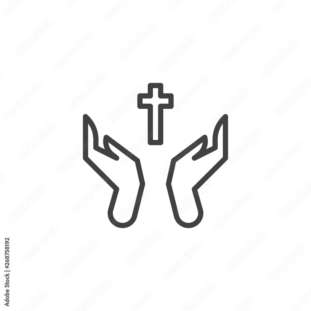 Praying hands with holy cross line icon. linear style sign for ...