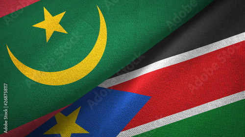Mauritania and South Sudan two flags textile cloth, fabric texture