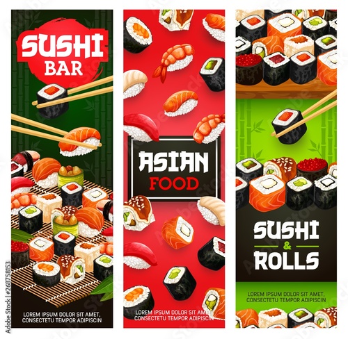 Asian sushi food, Japanese seafood and fish rolls