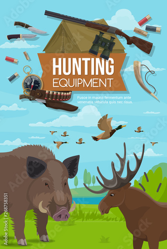 Hunting season animals, hunter ammo equipment
