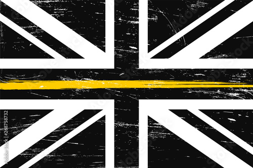 Grunge United Kingdom flag with a thin yellow or gold line - a sign to honor and respect British Dispatchers, Security Guards and Loss Prevention.