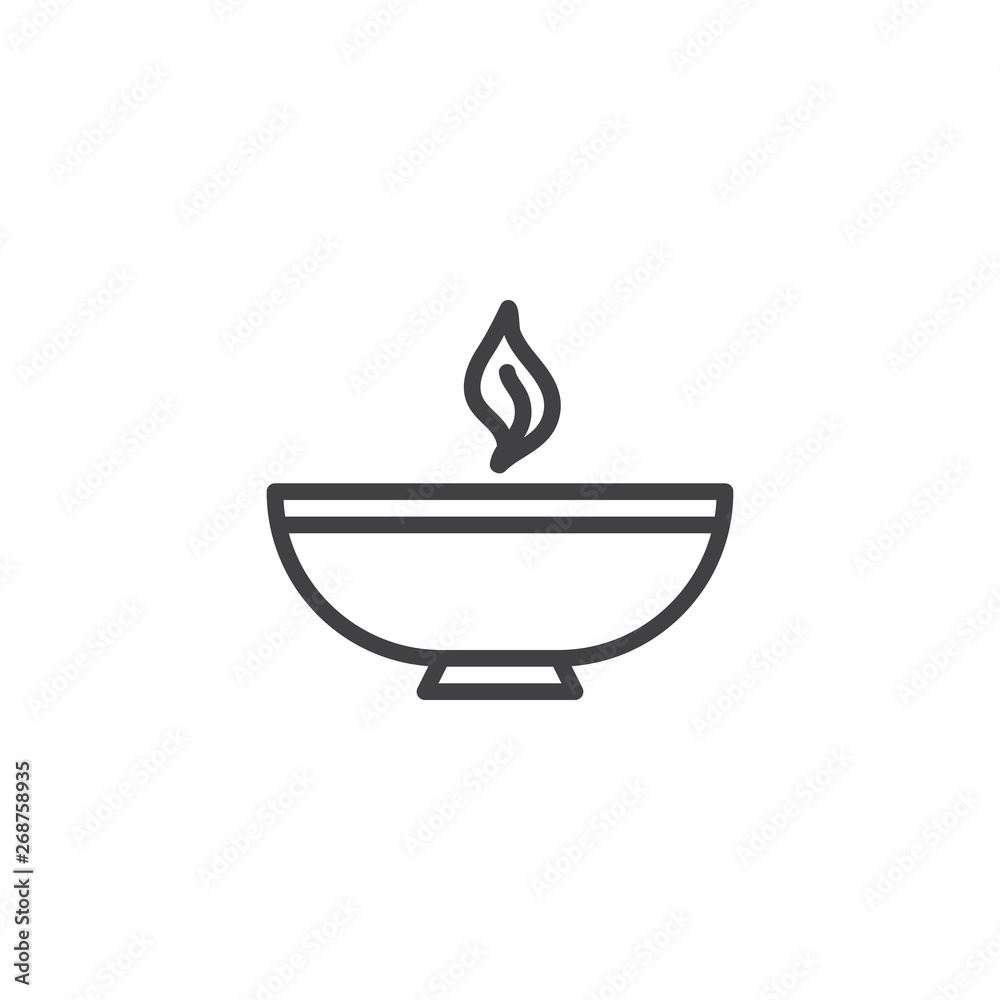 Burning bowl oil lamp line icon. linear style sign for mobile concept and web design. Diwali, celebration outline vector icon. Symbol, logo illustration. Vector graphics Burning bowl oil lamp line icon. linear style sign for mobile concept and web design. Diwali, celebration outline vector icon. Symbol, logo illustration. Vector graphics