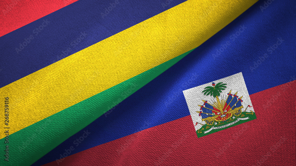 Fototapeta premium Mauritius and Haiti two flags textile cloth, fabric texture