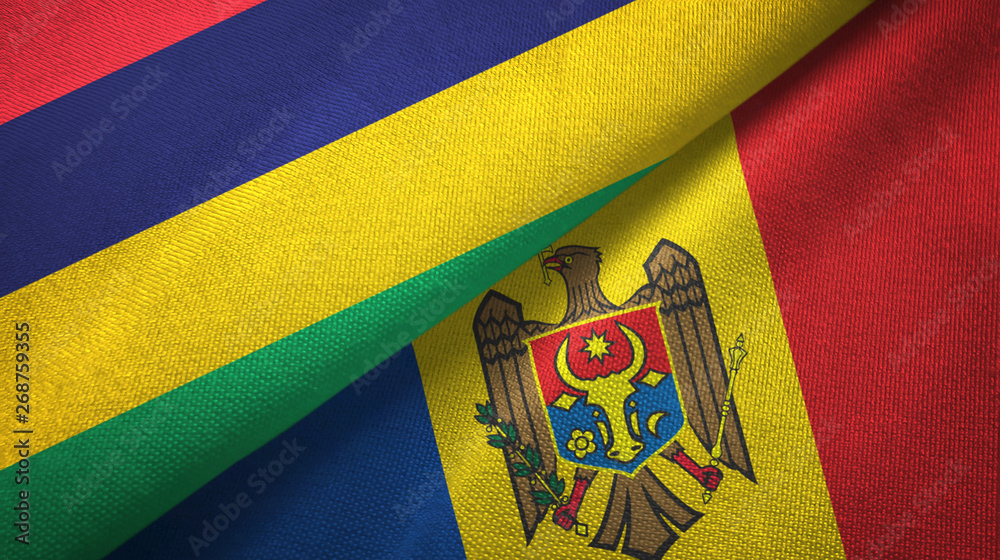Fototapeta premium Mauritius and Moldova two flags textile cloth, fabric texture