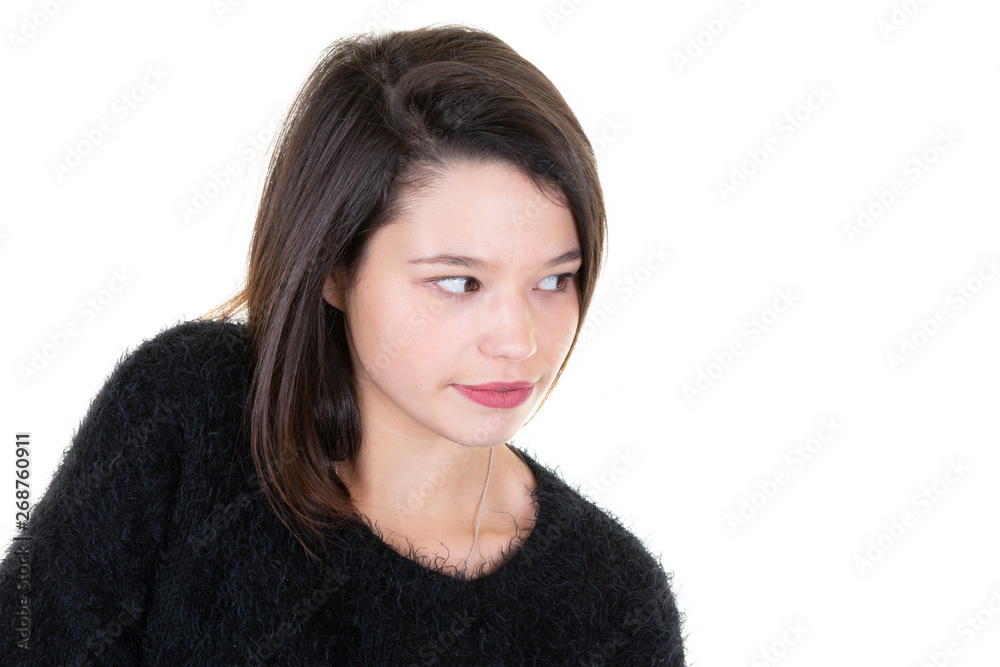 Close up of brunette smiling young woman in black sweatshirt sweater looking side Close up of brunette smiling young woman in black sweatshirt sweater looking side