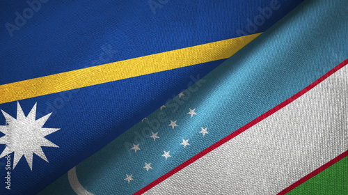Nauru and Uzbekistan two flags textile cloth, fabric texture
