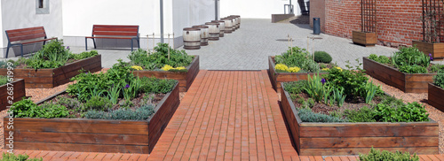 Flower beds in a public city park made of wooden planks