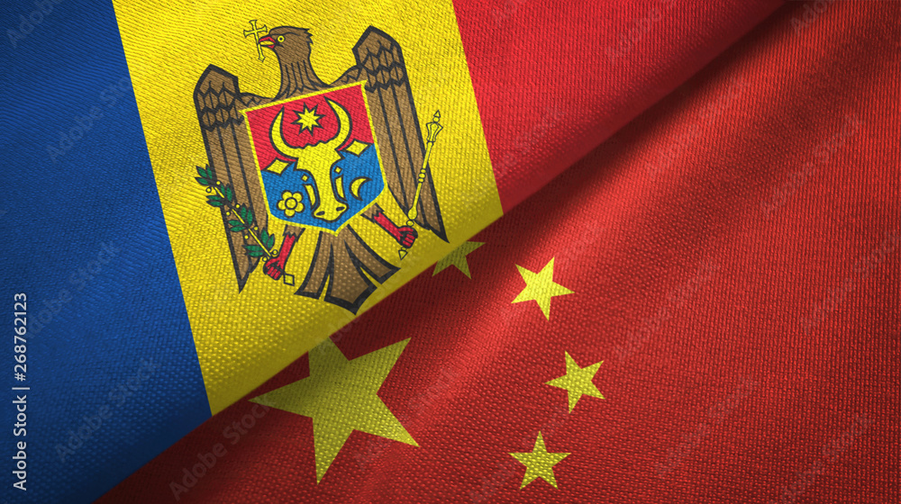 Moldova and China two flags textile cloth, fabric texture Moldova and China two flags textile cloth, fabric texture
