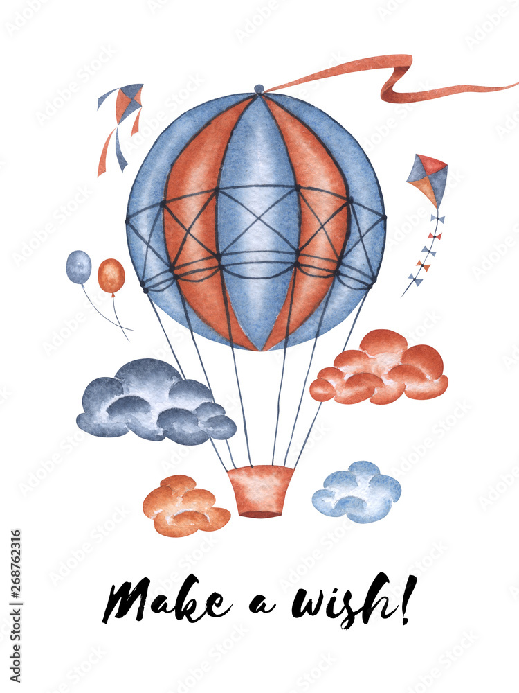 Hand painted watercolor air balloons, star, cloud, moon kite card. Cute design for invitation, party and greeting template in boho colors